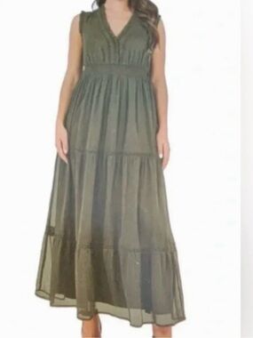Cristina B. Olive Green V-Neck Tiered Maxi Dress , Sz. S NEW